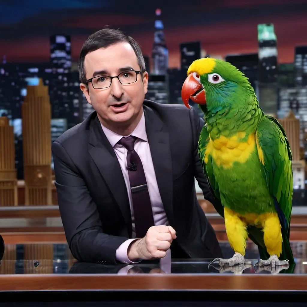 Prompt: John Oliver getting off a parrot