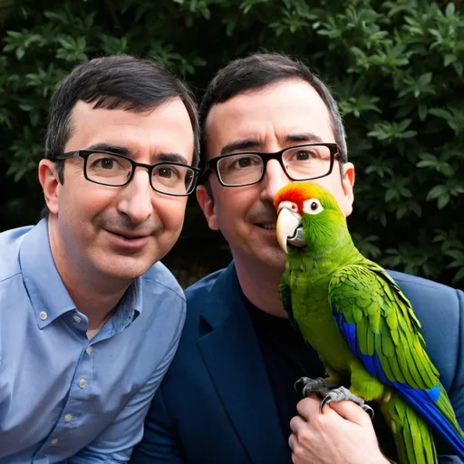 Prompt: John Oliver with his boyfriend who happens to be a parrot 