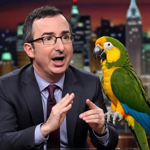 Prompt: John Oliver telling his parents that he is now engaged to a male parrot 