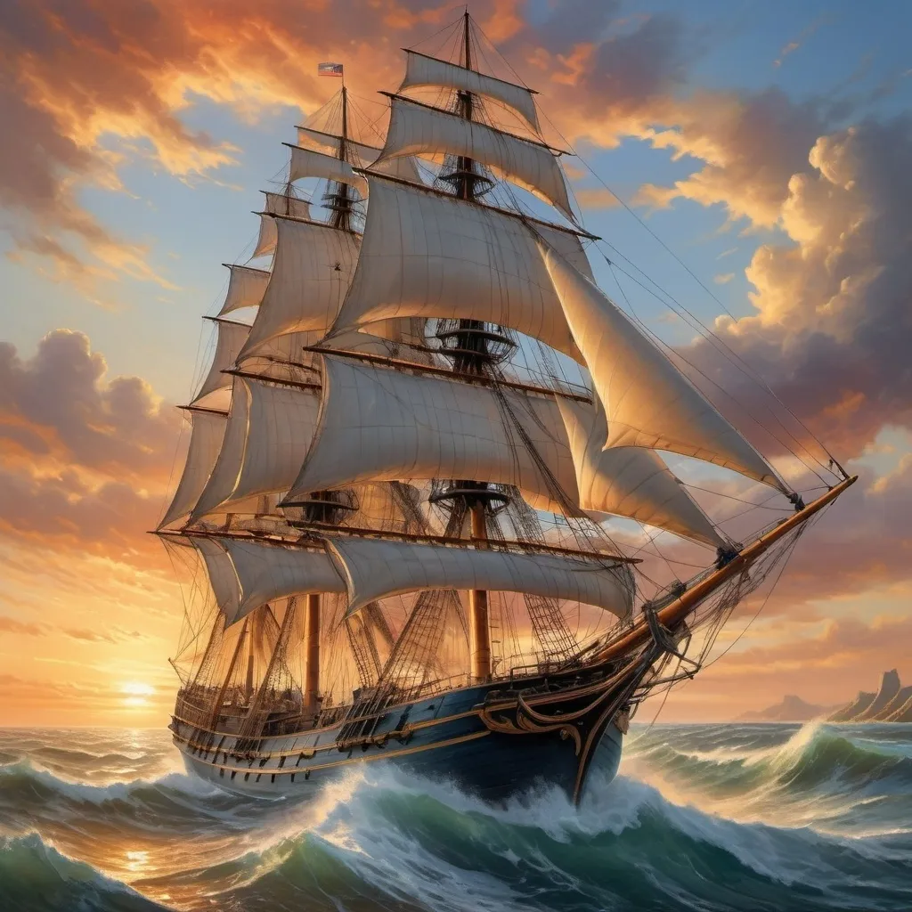 Prompt: painting of a majestic warship tall sailing from 1800s
