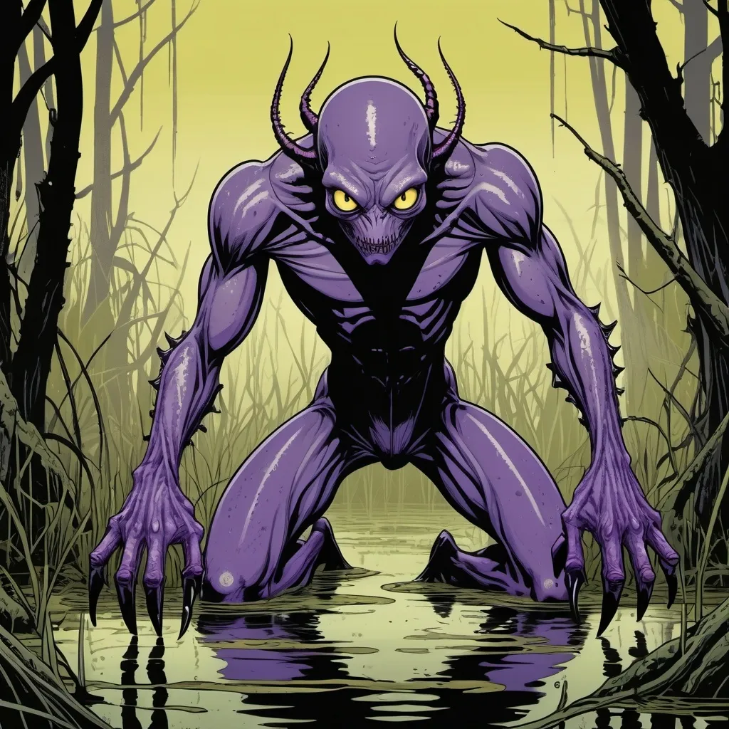 Prompt: humanoid, amphibious, full body, purple skin, long claws, huge yelllow eyes, hunched over, swamp background, detailed, dark colors, dramatic, graphic novel illustration,  2d shaded retro comic book