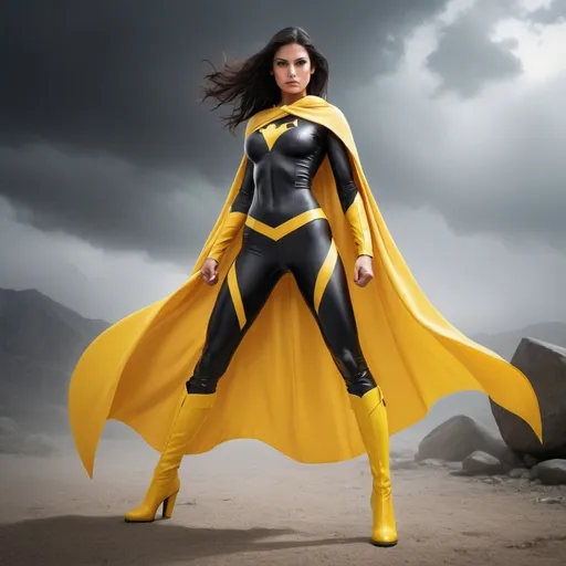 Prompt: Draw a super heroine with: 

A Cape: Flowing yellow cape, bright and vibrant, draping down to her ankles.
Boots: Knee-high yellow boots, sleek and sturdy, designed for both agility and protection.
Suit: Form-fitting black one-piece suit, emphasizing agility and strength, with subtle armor plating for extra protection.

She stands confidently, exuding strength and determination, ready to take on any challenge