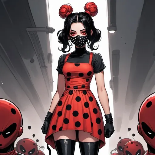 Prompt: A girl with space bun (buns are red and has long black hair) she is wearing a thigh length dress that is red with black spots. With docs boots. She has a black mask around her eyes with black dots. She has brown eyes. Super hero like