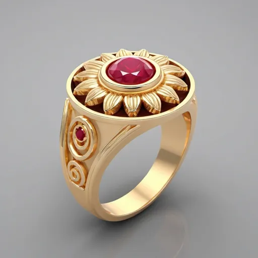 Prompt: Design a ring for men. Both the sides ruby stone and in the centre cute smiling face sun.