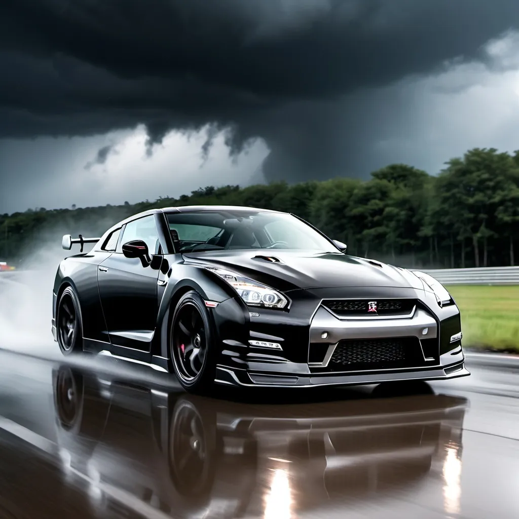 Prompt: black nissan gtr r35 drifting in rain