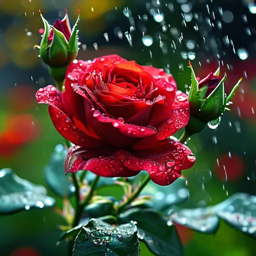 Prompt: Render a close-up scene of a red  rose flower in a green garden, adorned with rain drops and illuminated by striking light effects, emphasizing its vibrant allure.