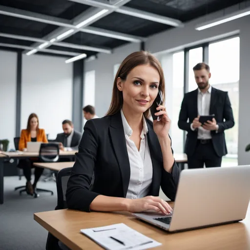 Prompt: Woman in an office with a laptop and phone
as an IT Reseller 
Sales Manager, leading a team while also working by themselves
