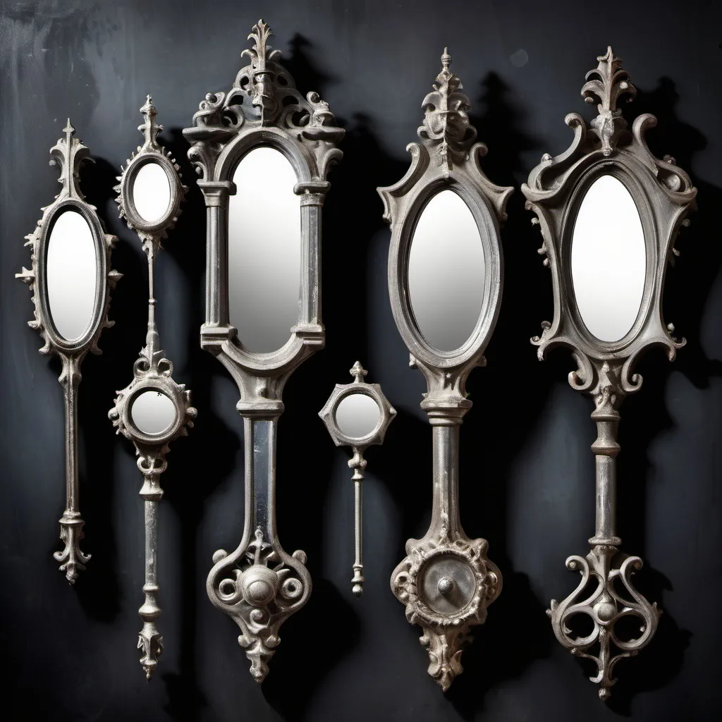 Prompt: a group of old gothic mirrors with a handle in a mysterious athmosphere