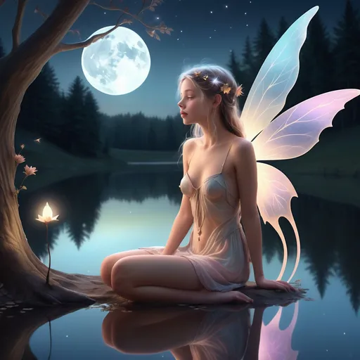 Prompt: A photorealistic beautiful fairie without clothings looking at her reflection on a hidden lake. fading colors under moonlight, starlit sky, moonlit serenade, pastel hues, dreamy backdrop, ethereal poetry, abstract expression, intricate digital art, emotional intricacies, soft and warm lighting, evocative atmosphere, heartfelt narrative.