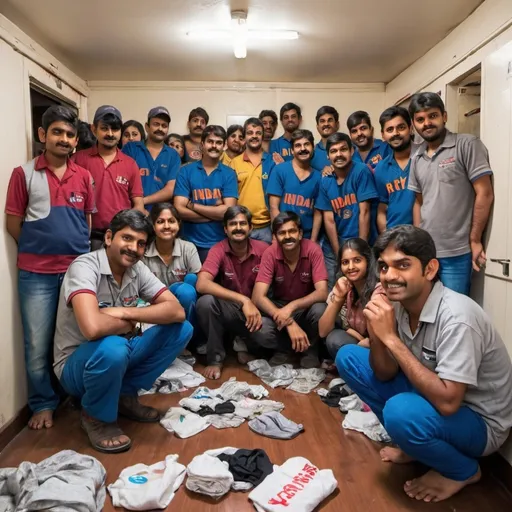 Prompt: a very dirty teenagers room. Socks, clothes, nintendos, food and dishes everywhere. Put a group of indians from india in the room. They are all truck drivers wearing RY Xpress uniforms. They are traditional indians from india and of all ages. They are all cross eyed. tHey are smiling like losers. Make the RY Xpress Logo more visible on their clothes. One of the indians is holding a sign saying RY XPRESS BEST. They are all cross eyed. Their room is very dirty. DIRTY!!! The name of the room is ROBS ROOM on the wall
