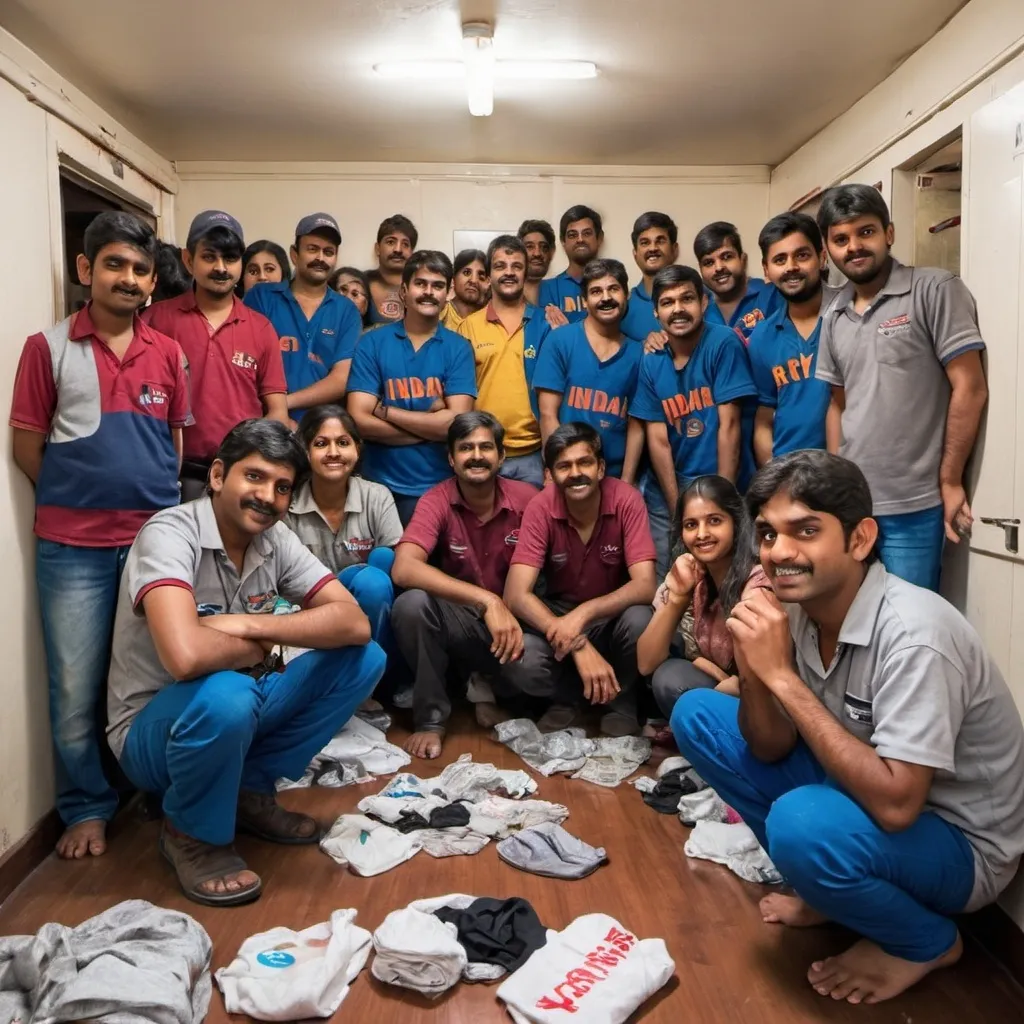 Prompt: a very dirty teenagers room. Socks, clothes, nintendos, food and dishes everywhere. Put a group of indians from india in the room. They are all truck drivers wearing RY Xpress uniforms. They are traditional indians from india and of all ages. They are all cross eyed. tHey are smiling like losers. Make the RY Xpress Logo more visible on their clothes. One of the indians is holding a sign saying RY XPRESS BEST. They are all cross eyed. Their room is very dirty. DIRTY!!! The name of the room is ROBS ROOM on the wall
