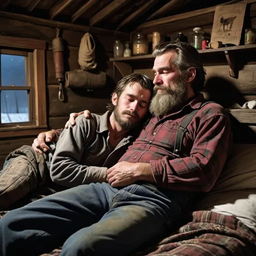 Prompt: A very poor sleeping hillbilly father and son cuddle on the bed they share in their impoverished tiny Appalachian shack on a moonlit night in winter. The father—a single hillbilly mountain man widower, 40, whose body is covered in coarse black manly body hair—protectively embraces his sleeping hillbilly lumberjack son, 22, atop the single twin bed they share. The scene captures a profound familial love between two resilient rural men deeply bonded for life.