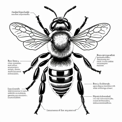 Prompt: line drawing of a bee with its anatomy labelled in english