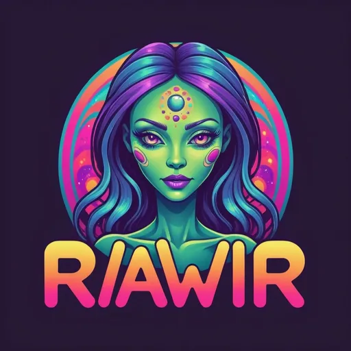 Prompt: fun and flirty logo that says RAWR and incorporates feet and trippy psychedelic colors , flirty attractive  woman alien 
