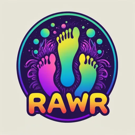 Prompt: fun and flirty logo that says RAWR and incorporates feet and trippy psychedelic colors , aliens , 90/s style 
