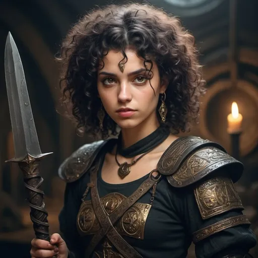 Prompt: Give me a 90s dark fantasy short  curly haired woman warrior that knows about the ocult world and alchemy 
