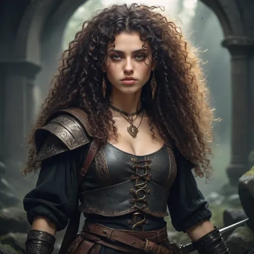 Prompt: Give me a 90s dark fantasy curly haired woman warrior that knows about the ocult world and alchemy 
