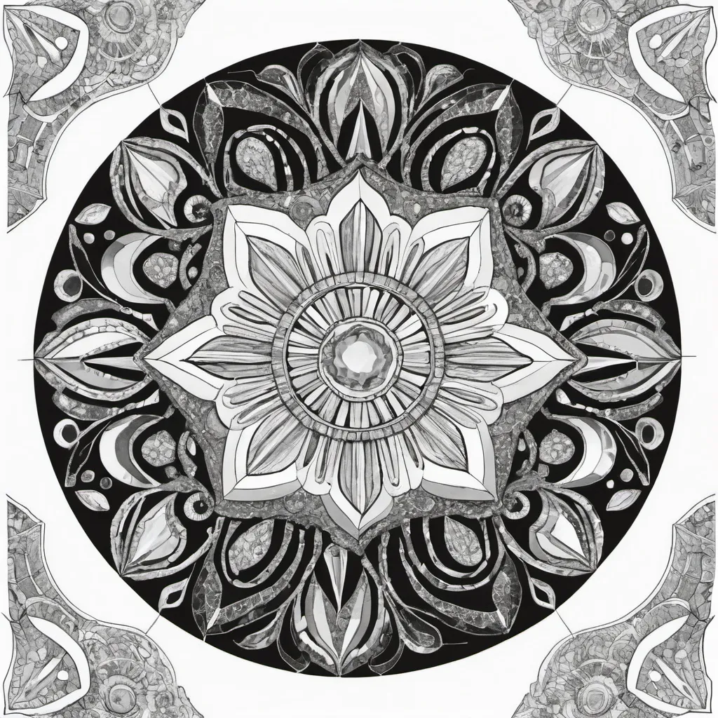 Prompt: (black and white) intricate crystal designs, various shapes and sizes, children-friendly, playful outlines, geode shapes, malachite highlights, detailed patterns for coloring, engaging and fun illustrations, 20-page concept, imaginative themes, adaptable for creativity, encouraging artistic expression, harmonious layouts, whimsical elements, ready-to-color artwork.