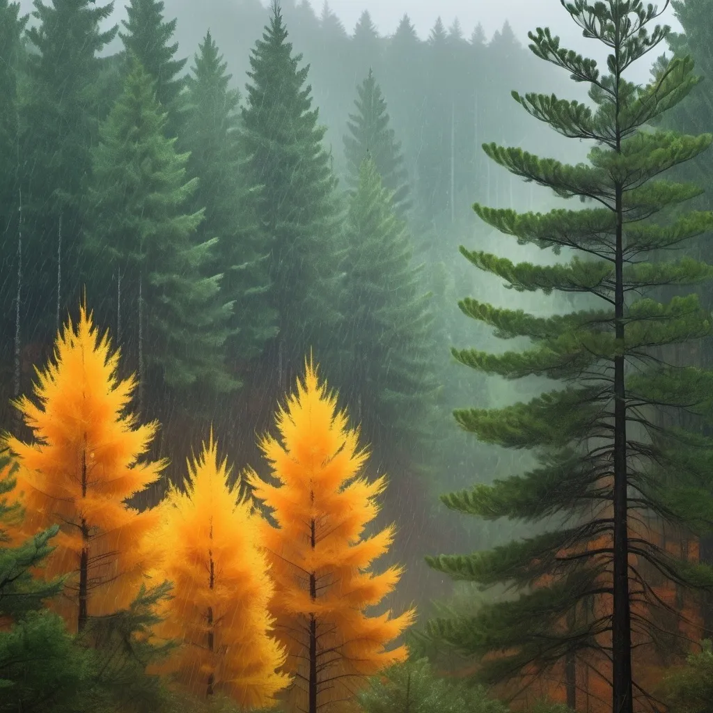 Prompt: forest woods autumn pine trees rainy