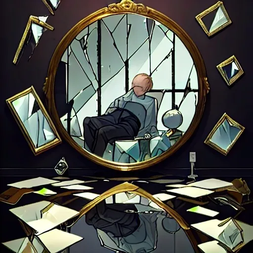Prompt: A symbol of a scale a sleeping man and a shattered mirror