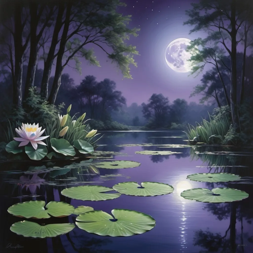 Prompt: A moonlit pond with lily pads. Include purple in colors.