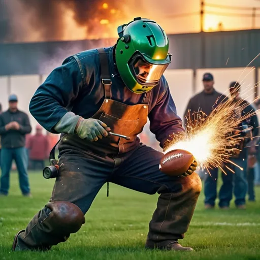 Prompt: welder's welding while playing a gsme of american football