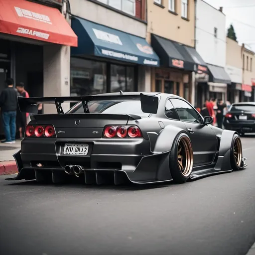 Prompt: car with wide body kit low to the ground and a wing in a street race