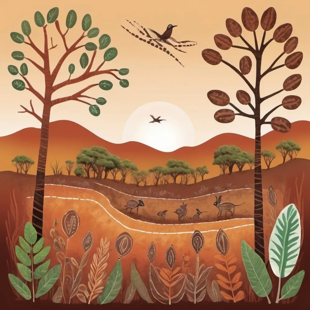 Prompt: make an aboriginal Australian children's book cover with traditional art. earthy colours and animated plants 