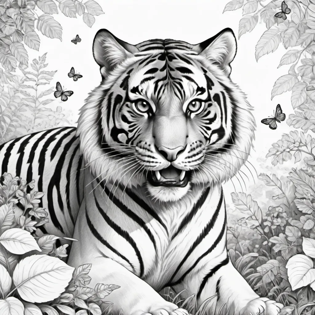 Prompt: coloring picture of a female tiger with a long tongue swatting at a fly flying past