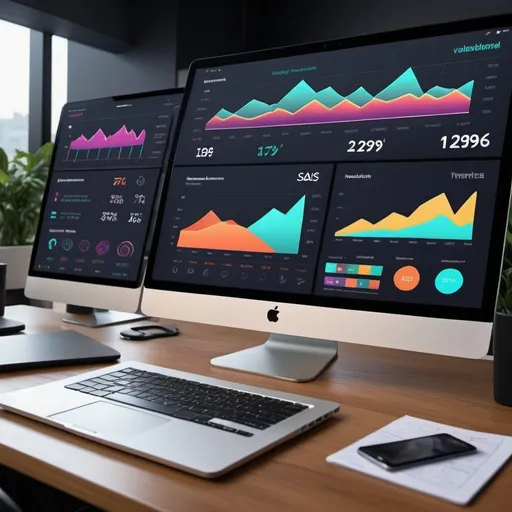 Prompt: (clever visualization of tracking SaaS metrics), modern dashboard, vibrant colors, sleek user interface, charts and graphs displaying growth, professional atmosphere, dynamic elements highlighting key performance indicators, technology-driven, high detail, user-friendly design, professional workspace, 4K resolution, engaging and informative vibe.