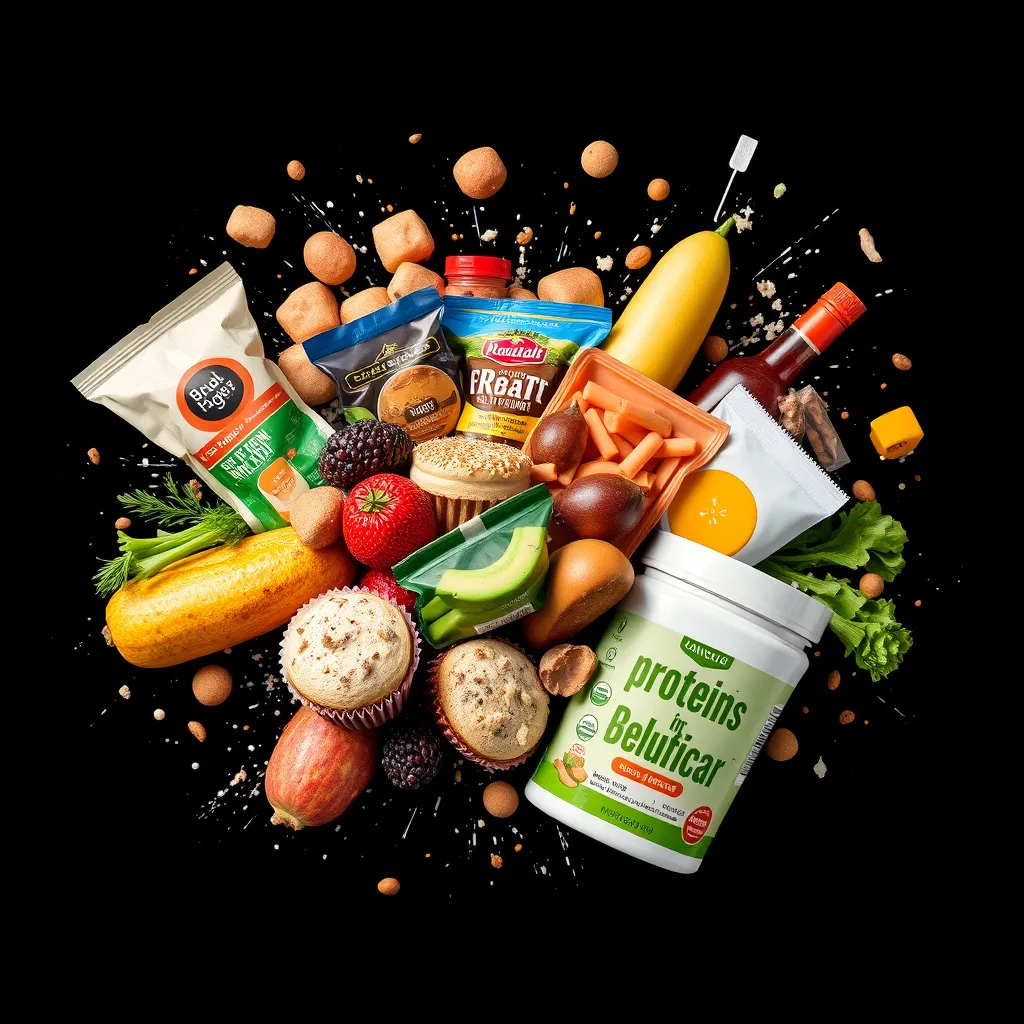 Prompt: various food items smashing together on a black background, image will have text over it later. more items from the grocery store. add in ,more backed goods like cupcakes and protein powder.
