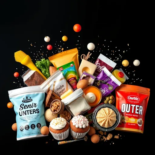 Prompt: various food items smashing together on a black background, image will have text over it later. more items from the grocery store. add in ,more backed goods like cupcakes and protein powder.
