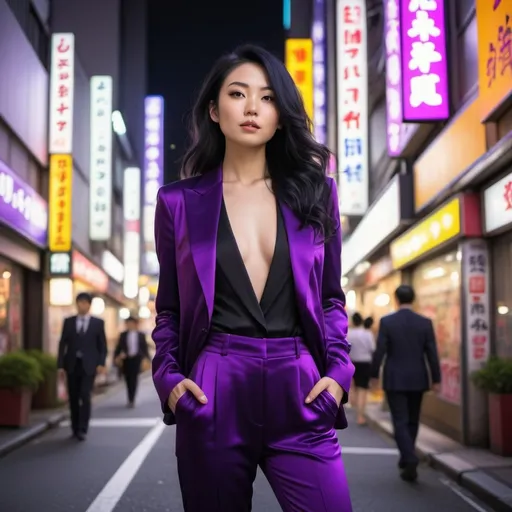 Prompt: A beautiful 29 year old Argentine woman with flowing jet black hair, dressed in deep purple satin pants suit, touring Tokyo Japan