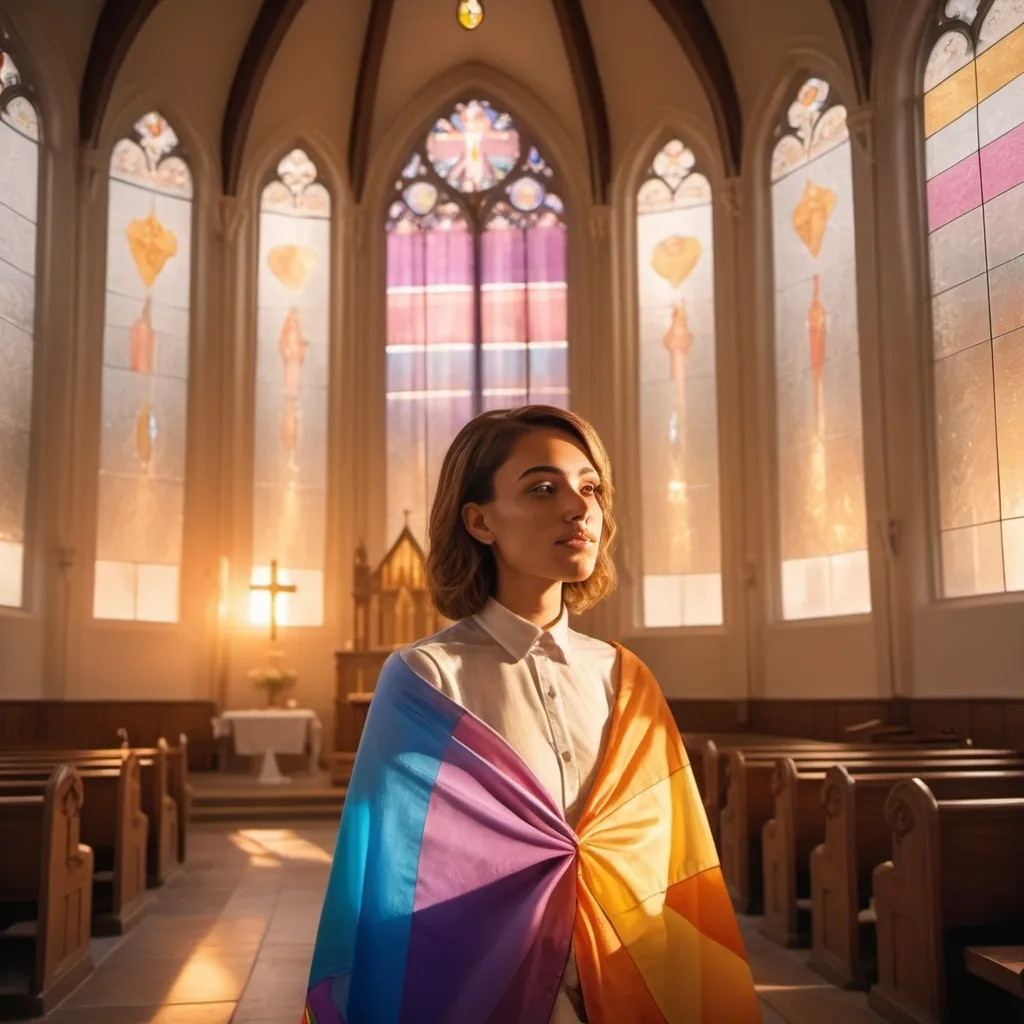 Prompt: Trans person in a church, holding a trans flag 