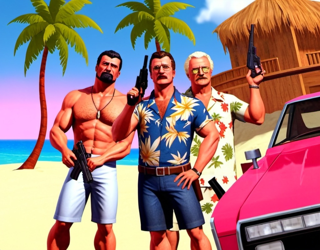 Prompt: john brown, george washington and teddy roosevelt with machine guns, in hawaiian shirts, on beach, gta vice  city art style, john brown has a beard, george has white hair