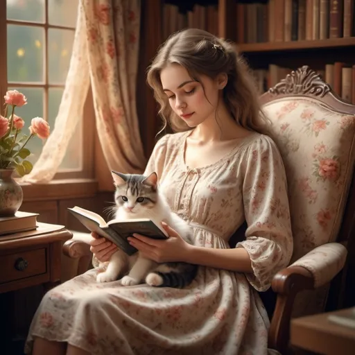 Prompt: a vintage woman reading with a cat in her lap