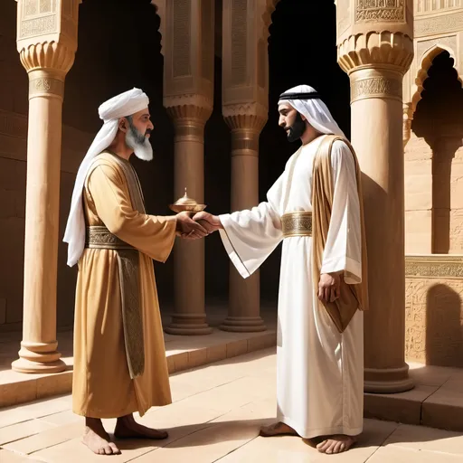 Prompt: Humble servant accepting benevolence from an ancient middle eastern 
ruler