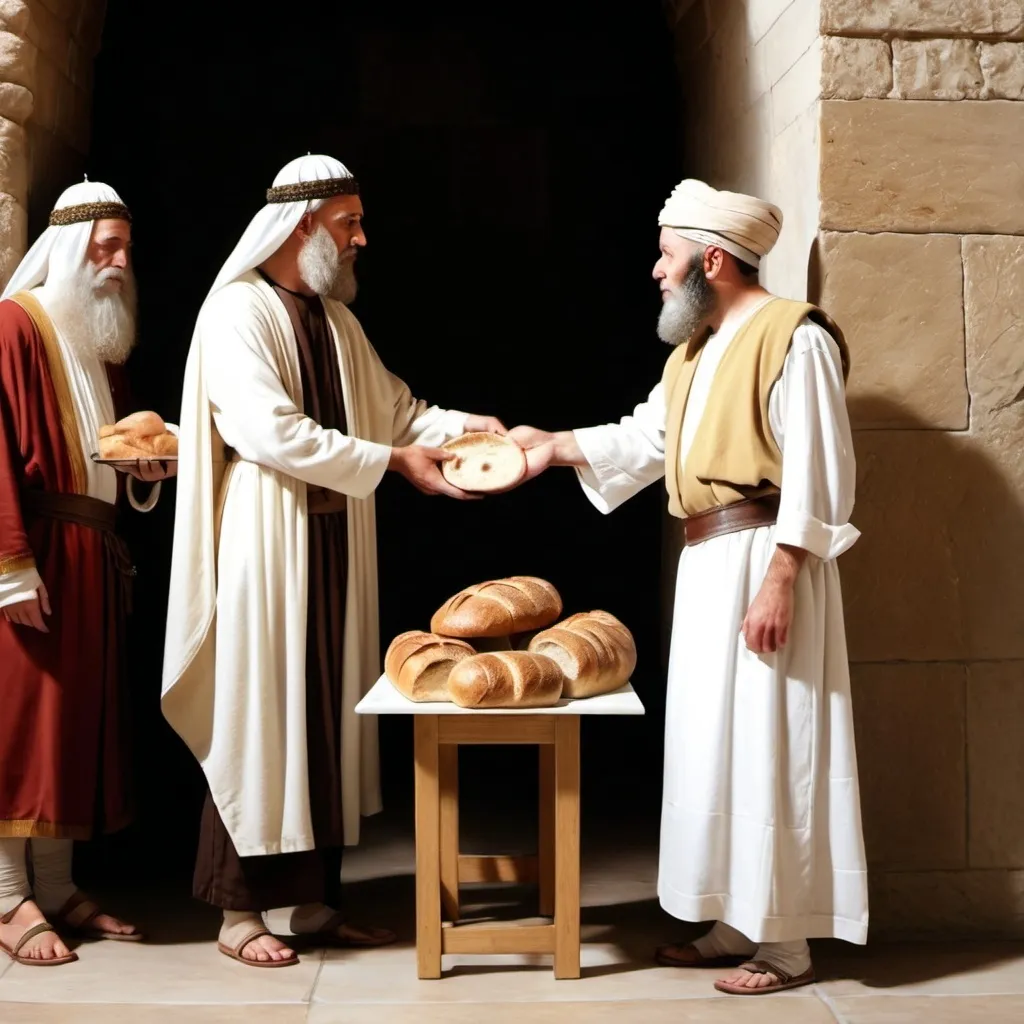 Prompt: A humble servant accepting the benevolent gift of bread from the hand of a first century Jewish ruler 