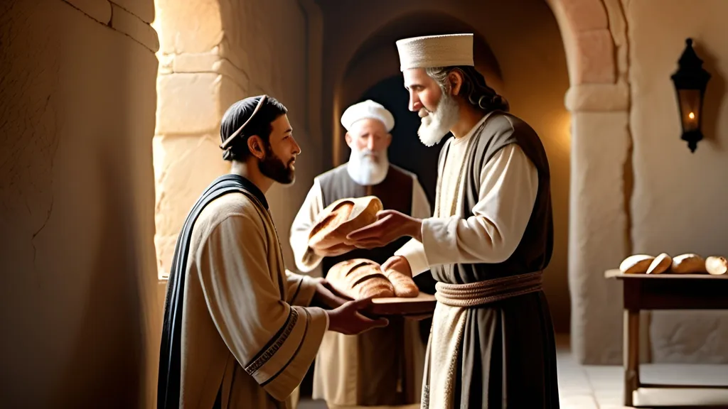 Prompt: A photo realistic image humble servant accepting the benevolent gift of bread from the hand of a first century Jewish ruler 