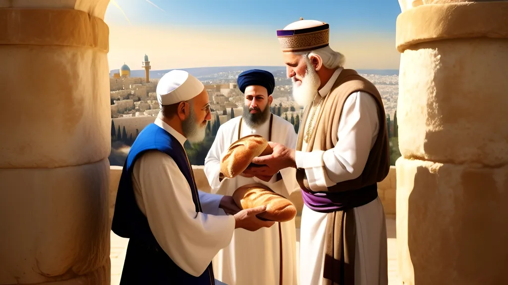 Prompt: A photo realistic image humble servant accepting the benevolent gift of bread from the hand of a first century Jewish ruler 