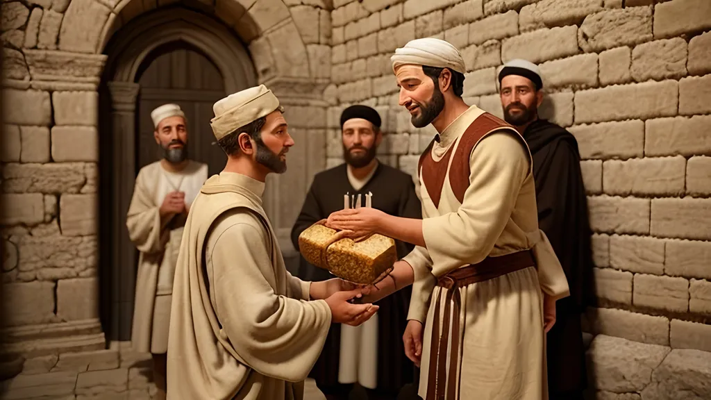 Prompt: A photo realistic image of a humble servant accepting the benevolent gift of bread from the hand of a first century Jewish ruler 