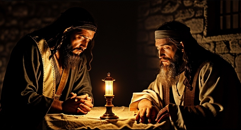 Prompt: A photo realistic image of Nicodemus meeting alone with Jesus at night beside an oil-lamp