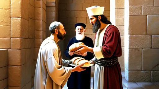 Prompt: A photo realistic image humble servant accepting the benevolent gift of bread from the hand of a first century Jewish ruler 