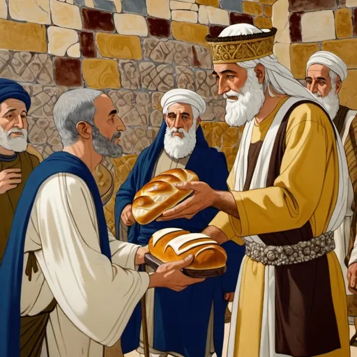 Prompt: A humble servant accepting the benevolent gift of bread from the hand of a first century Jewish ruler 