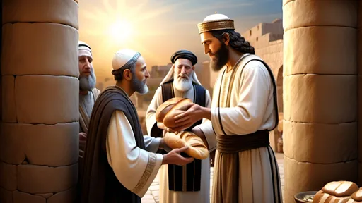 Prompt: A 3D photo realistic image humble servant accepting the benevolent gift of bread from the hand of a first century Jewish ruler 