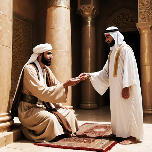 Prompt: Humble servant accepting benevolence from an ancient middle eastern 
ruler