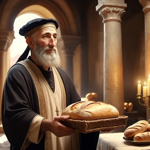 Prompt: A humble servant accepting the benevolent gift of bread from the hand of a first century Jewish ruler 