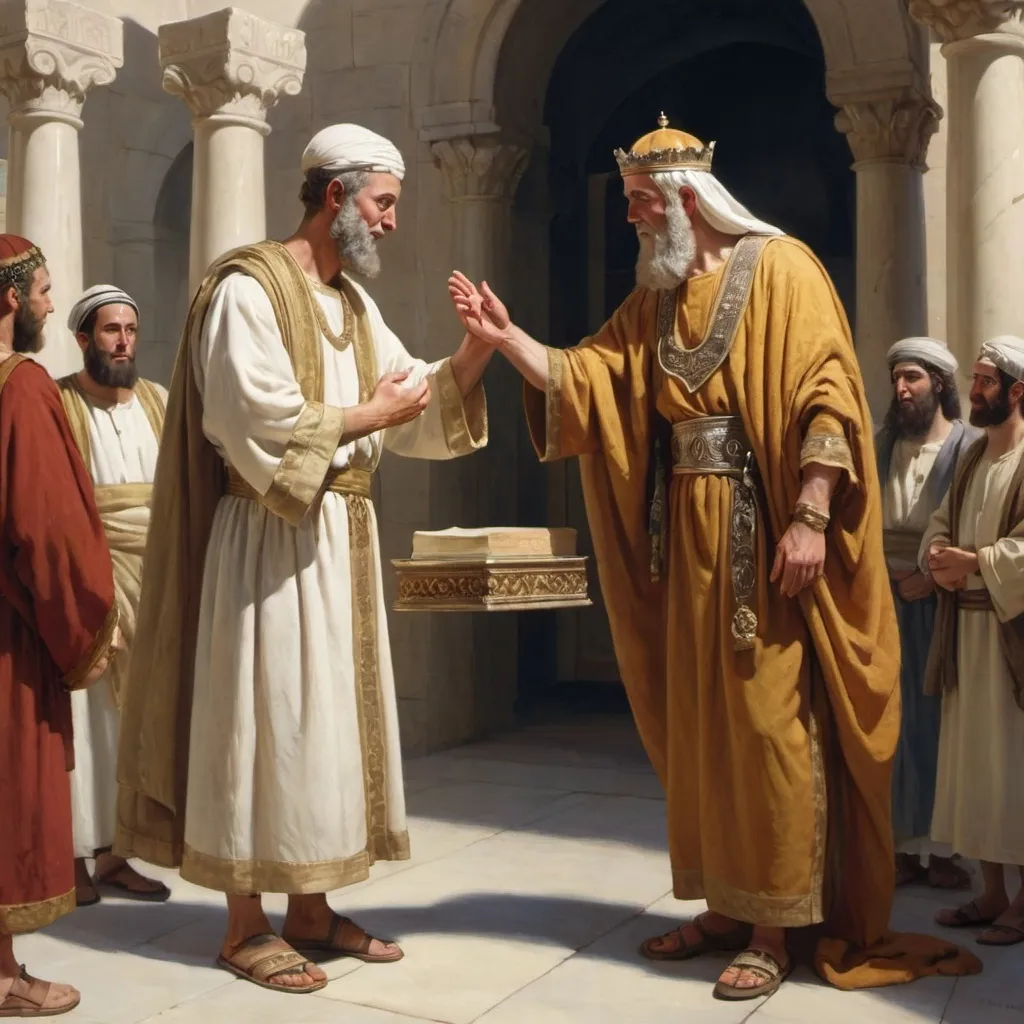 Prompt: A humble servant accepting the benevolence of a first century Jewish ruler