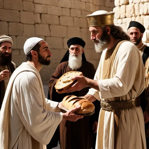 Prompt: A humble servant accepting the benevolent gift of bread from the hand of a first century Jewish ruler 