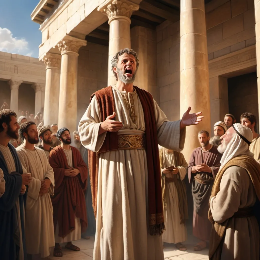 Prompt: The realistic photo of apostle Peter, dressed in first century Jewish clothing, preaching to a crowd of Jews in Solomon’s Colonnade in the Temple of Jerusalem in 33 AD.